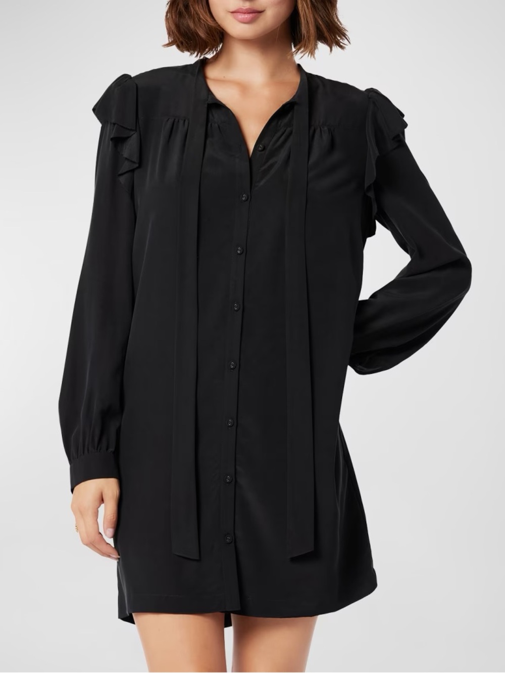 NWT Joie Eloise 100% Silk Dress Large Caviar Black Ruffle Tie Neck $378